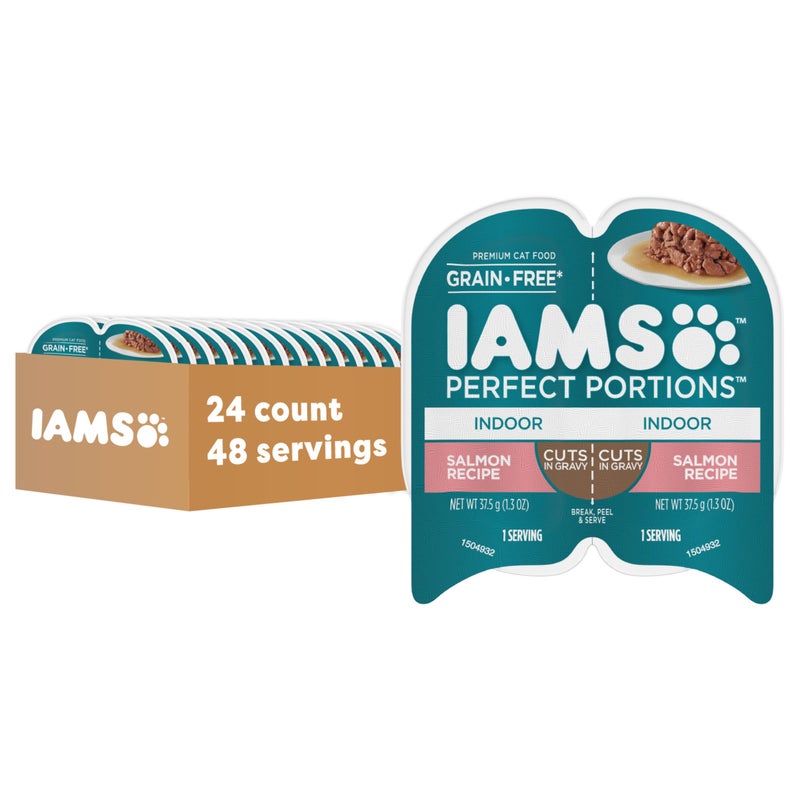 Iams طعام قطط بالغين داخلي رطب من IAMS بقطع في صلصة، وصفة سمك السلمون، 2.6 أونصة. عبوات مزدوجة سهلة الفتح (24 قطعة، 48 حصة) - Image 1